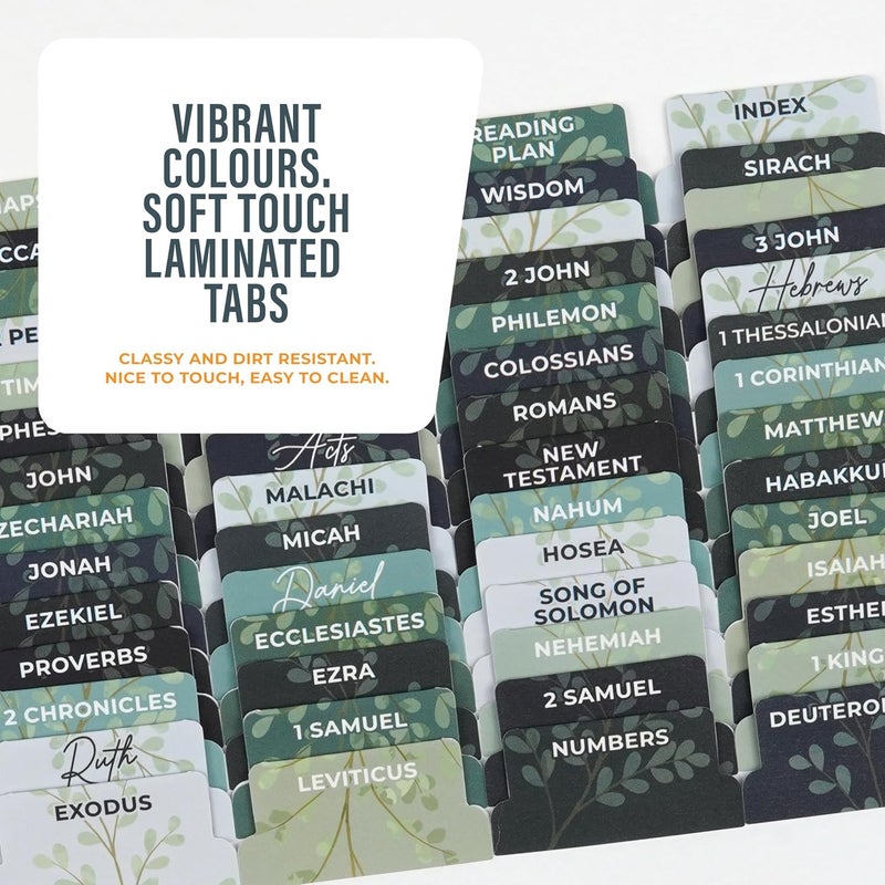 OFFILICIOUS Book Bible Tabs – 100 Soft-Touch, Laminated Bible Tabs for Holy Bible – Durable Tabs for Bible – Protestant & Catholic Bible Tabs Large Print – Green & Blue Bible Tabs for Women & Men - Image 5